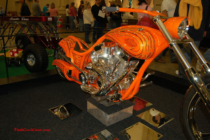 The 2009 World of Wheels Show in Chattanooga, Tennessee. On Jan. 9th,10, & 11th, Pictures by Ron Landry. Custom Chopper, with lots of polished aluminum, and billet, and chrome.