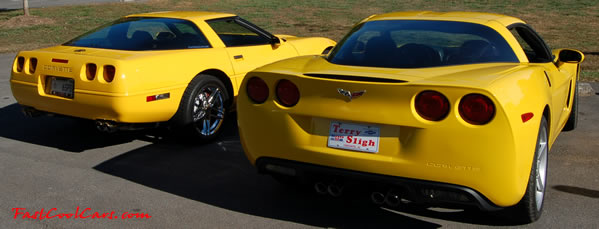 1994 and 2007 yellow Chevrolet Corvettes one 6 speed stick (1994) and one 6 speed paddle shifting automatic.