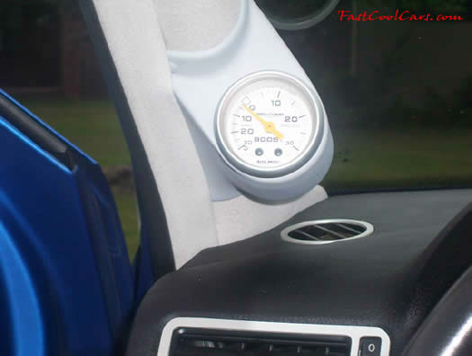 2001 VW Bora - Turbo - Intercooled - 5 Speed interior view of turbo boost guage on windshield pillar