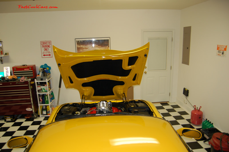 2002 Millennium Yellow supercharged & methanol injected Z06 Corvette, with many modifications, over 50 grand invested in the past 2+ years, for sale $38,000 what a deal. 555 HP | 565TQ - Polished blower. Nice shot of the underside of the Caravaggio hood.