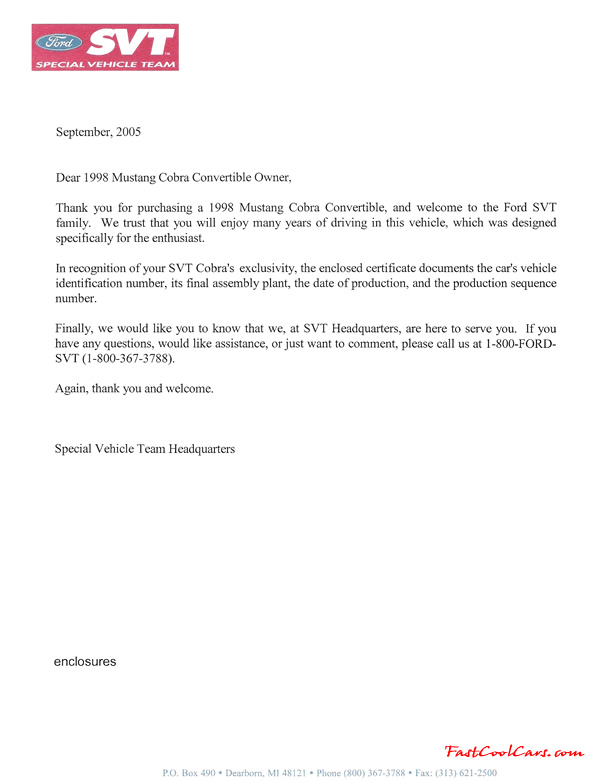 1998 Limited Edition SVT Cobra Convertible Letter, saying this vehicle is built for car enthusiasts with the build number 3258 out of 3480, 1 of 223 exactly like it.
