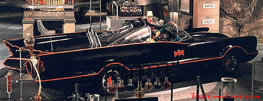 The Original Batmobile from the series in 1966-68 TV series, sitting in the Bat Cave