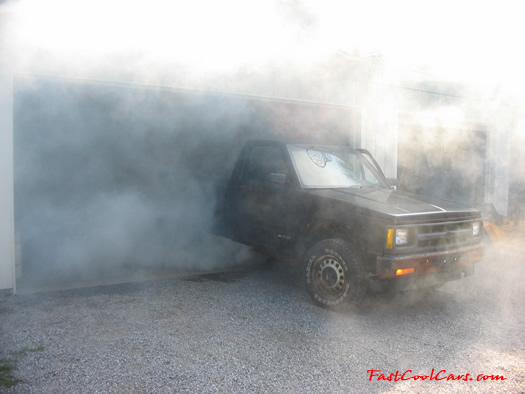 Chevrolet S10 doing burnout in the garage, it is a friends son who is 13 years old...lol