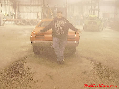 1970 Plymouth Duster after doing huge burnout in a garage, look at the rubber on the floor.