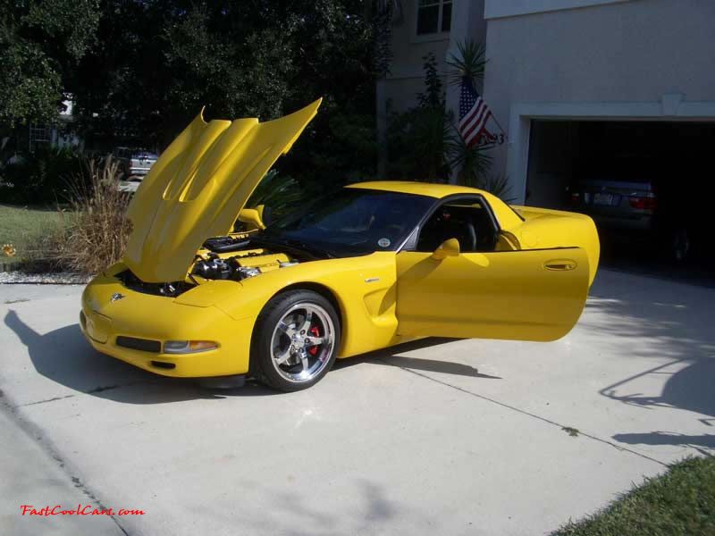 C5 Chevrolet Z06 Corvette 2001 - 2004, 385 to 405 horsepower, Aluminum block and heads LS6, all with 6 speeds.  America's sport car in Millennium Yellow, with awesome aftermarket hood, and CCW SP500 polished aluminum wheels.
