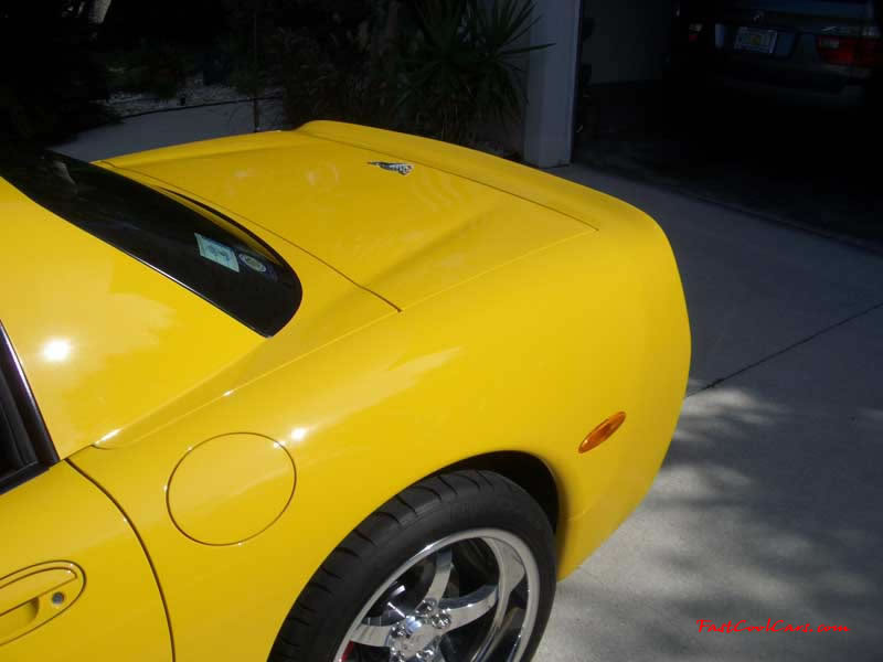 C5 Chevrolet Z06 Corvette 2001 - 2004, 385 to 405 horsepower, Aluminum block and heads LS6, all with 6 speeds.  America's sport car in Millennium Yellow, with awesome aftermarket hood, and CCW SP500 polished aluminum wheels.