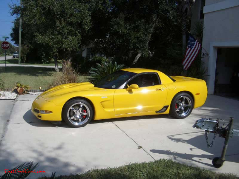 C5 Chevrolet Z06 Corvette 2001 - 2004, 385 to 405 horsepower, Aluminum block and heads LS6, all with 6 speeds.  America's sport car in Millennium Yellow, with awesome aftermarket hood, and CCW SP500 polished aluminum wheels.