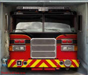 Decked out firetruck, on garage door decal.