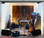 The band equipment and jamming area, on garage door decal.
