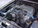 Left side view of under the hood of 91' LX coupe 5.0 H.O. - chrome cold air intake with K&N filter, performance wires, underdrive pulley, daily driver