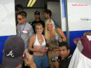 Heather and Linda Hogan, with Hulk Hogan and their son Nick behind them in the trailer.