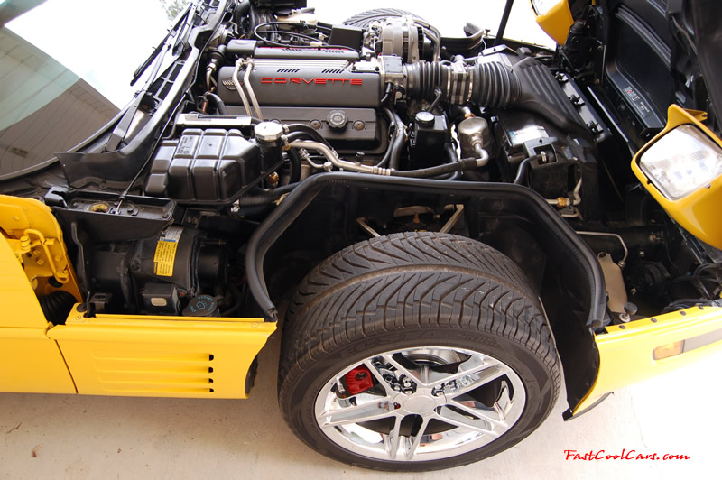1994 Competition Yellow Chevrolet Corvette, 383 stroker LT1, 6 speed. New laser cut plastic Corvette letters installed in the insets on the fuel rail covers, and paint front brake calipers.