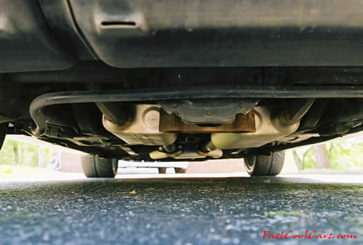 1998 Ford Mustang GT - under the car picture, Cool MAC off road "H" pipe, 2 chamber Flowmasters, 2 3/4 polished stainless dual tailpipes, fastcoolcars.com