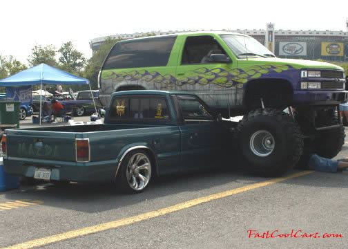 Lowriders that have been lowered, dropped, slammed, and scraping.