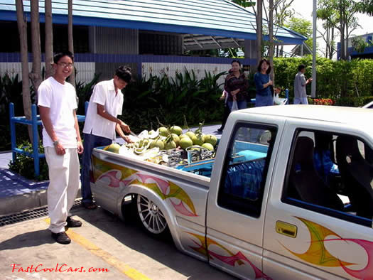 Lowrider pick-up that has been lowered, dropped, slammed, and scraping, using many different modifications. custom paint job also.