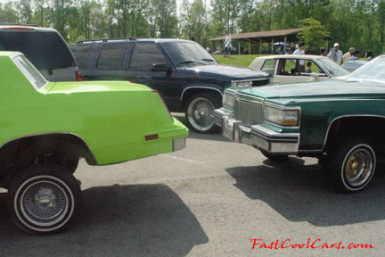 Lowriders that have been lowered, dropped, slammed, and scraping, using many different modifications.