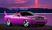 New Dodge Challenger, 6.1 V8 Hemi, 425 crank horsepower, 420 crank foot pounds of torque. SRT8, custom purple paint job, and Daytona 500 style rear spoiler.